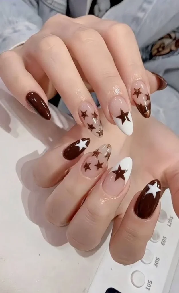 DIY dark espresso brown star nails for autumn nail art