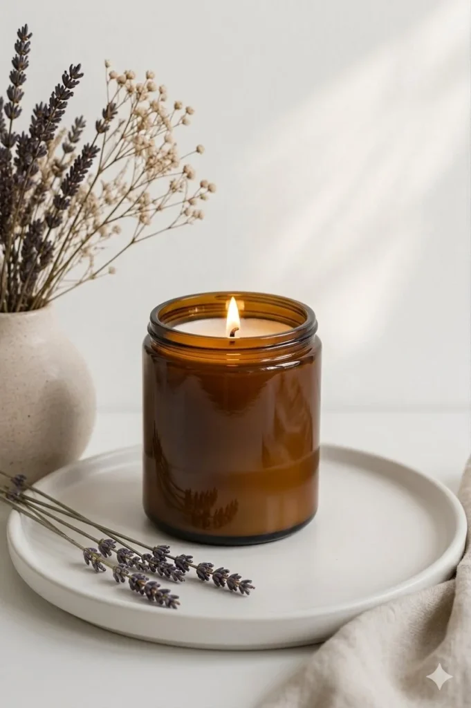 DIY cozy brown soy wax candle on white plate for warm ambiance