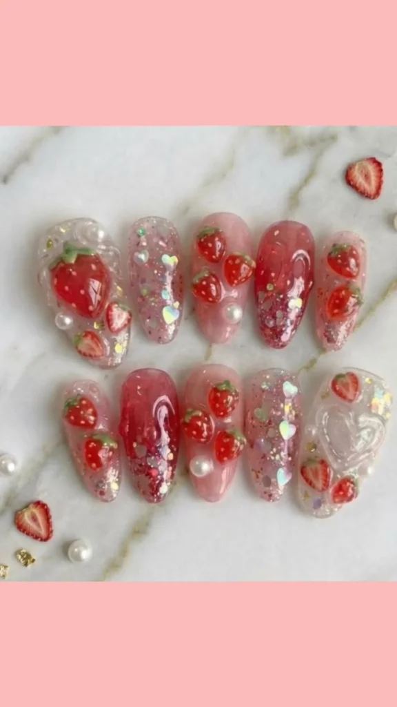 DIY cute strawberry nails design for beginners - easy nail art guide