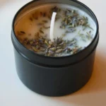 DIY lavender beeswax candle ingredients and final product display