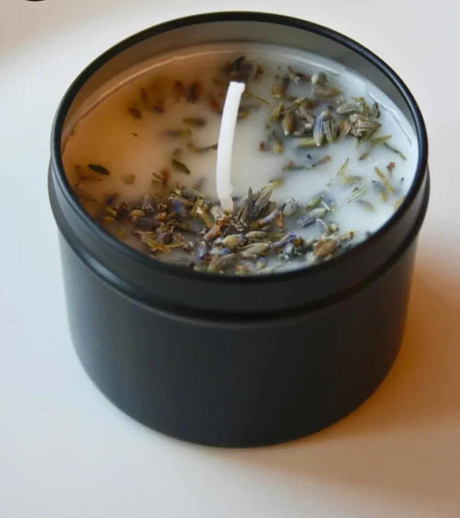DIY lavender beeswax candle ingredients and final product display
