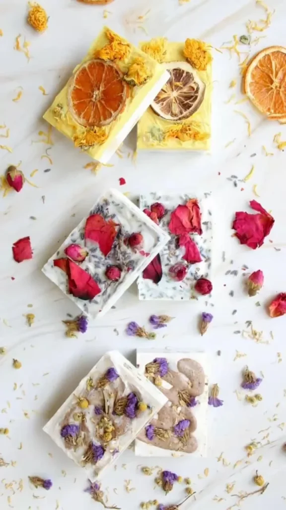 DIY soap making process with natural ingredients and molds.
