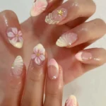 Dreamy fresh pink French flower nails for weddings and special occasions