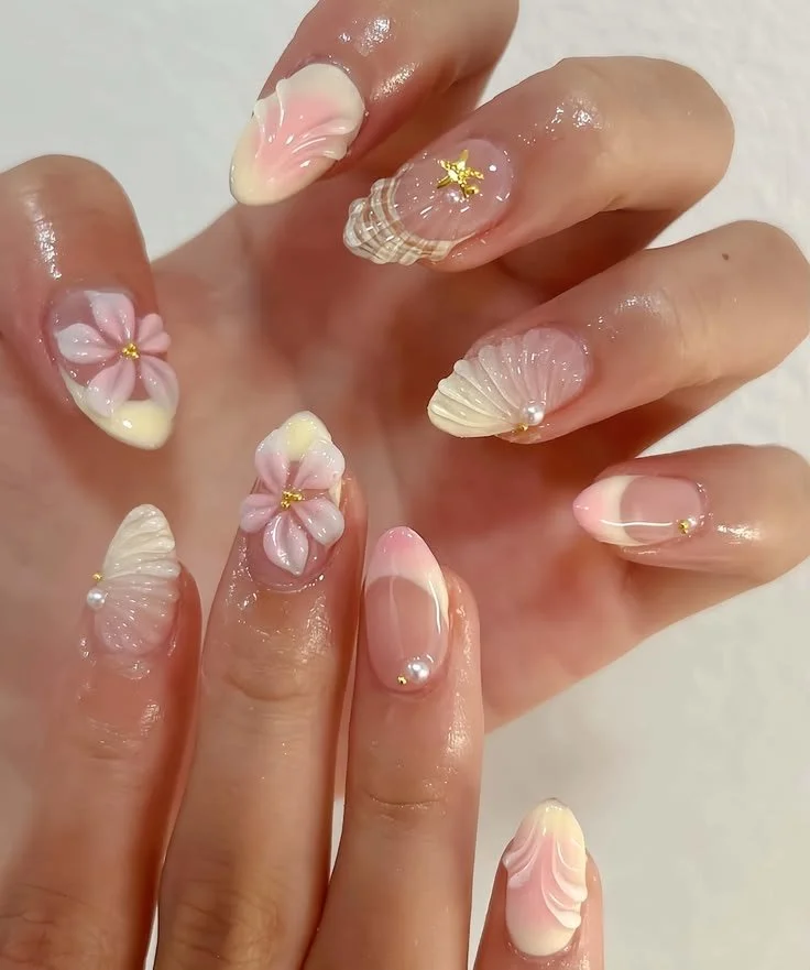 Dreamy fresh pink French flower nails for weddings and special occasions