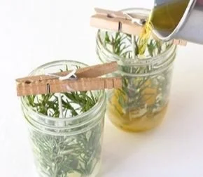 Evergreen pressed rosemary candles in mason jars for DIY herbal candle projects.