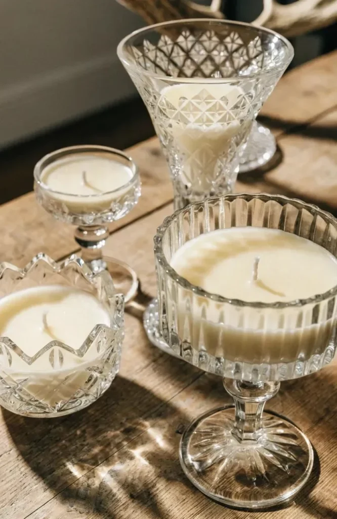 Gorgeous DIY vintage teacup candles displayed on a wooden table.