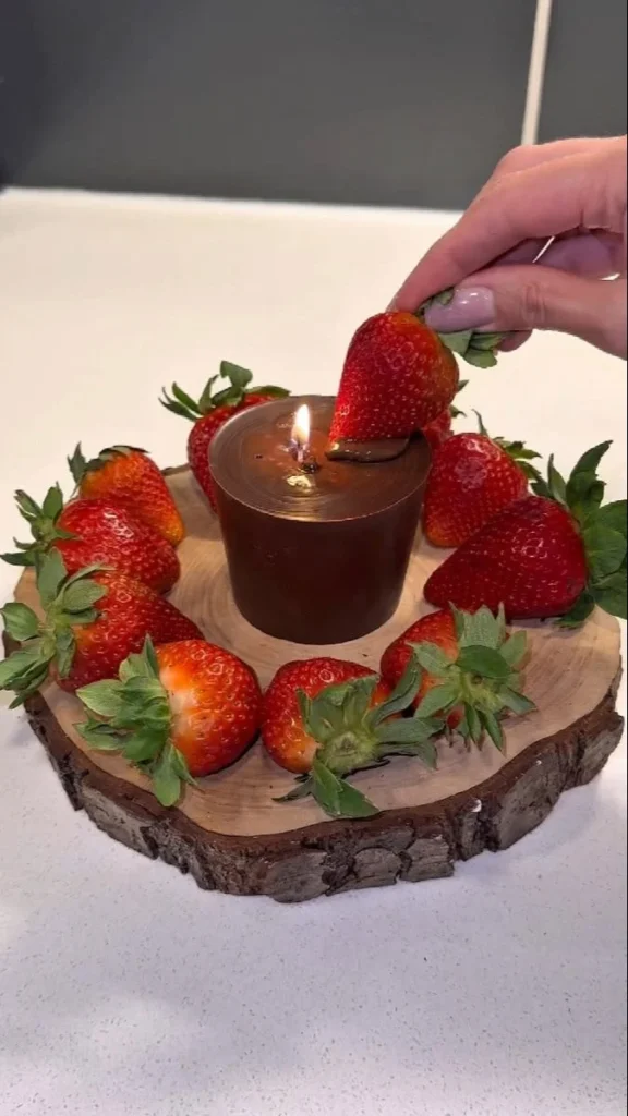DIY dessert candle tutorial with chocolate and strawberry elements