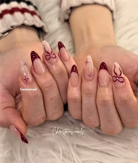 Red and white almond nail design for Christmas inspiration on simple stylish nails