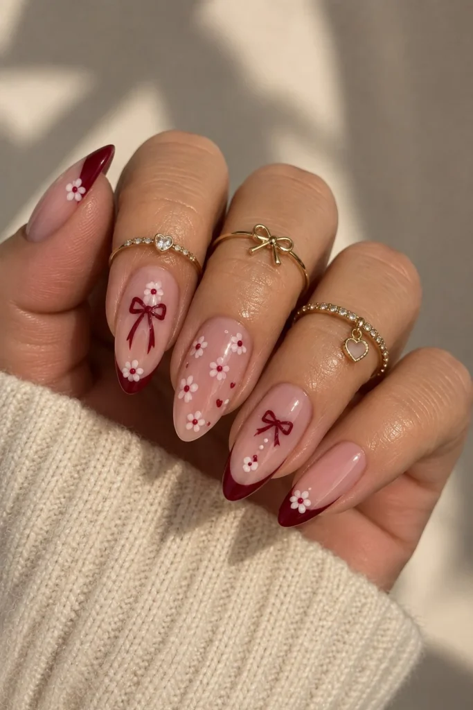 Beautiful pink and burgundy nails with cute bow and floral designs for 2026.