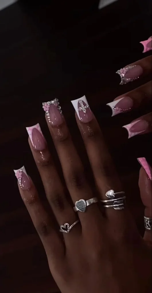 Stylish quartz nails in various shapes, including medium square and duck tip.