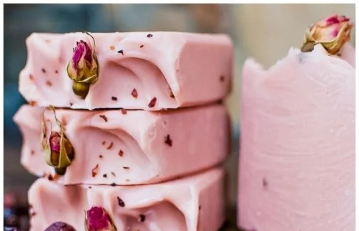 Handmade rosehip cold process soap enriched with natural herbs for skin healing