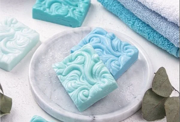 Homemade sea salt soap bars in decorative packaging