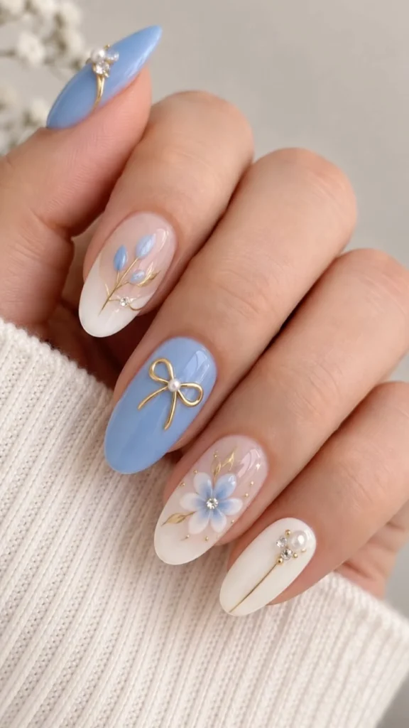 Sky blue nails featuring delicate floral bow designs for a stylish manicure.