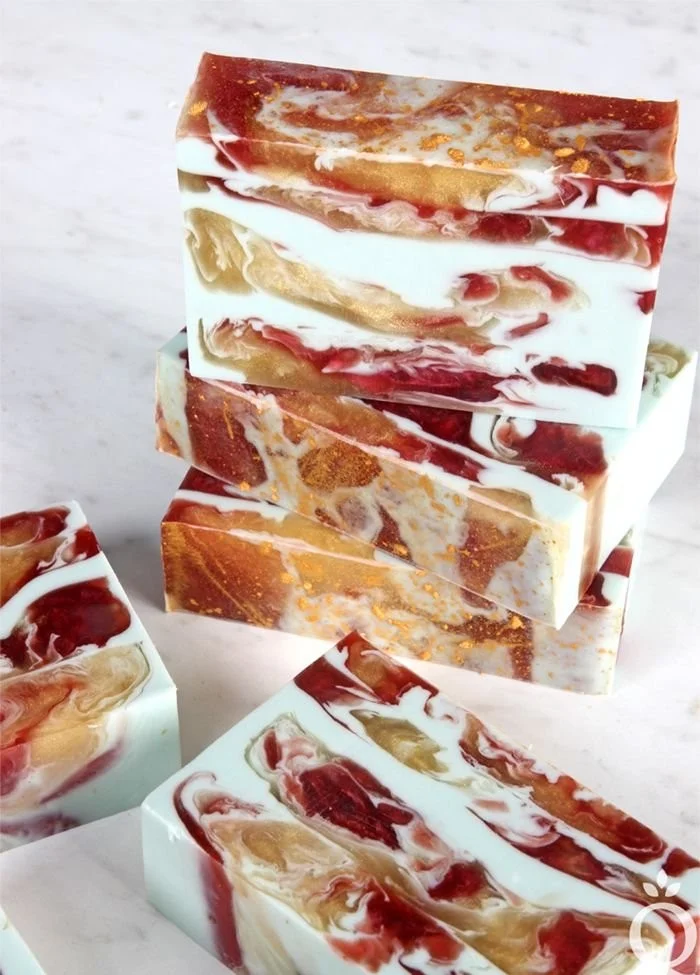 Beginner's sparkling fig melt and pour soap project with vibrant colors