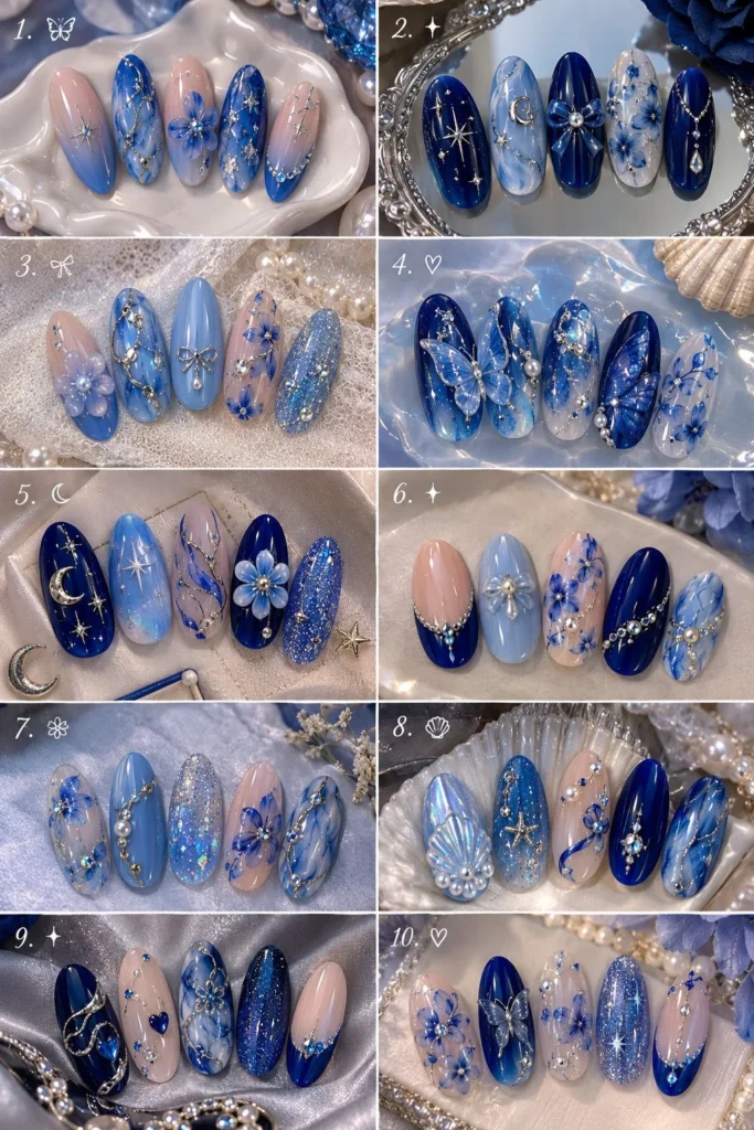 Stunning blue nail art designs for beginners featuring various creative styles.